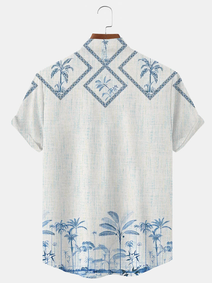 Alohadaddy Plants Geometric Pattern Buttons Pockets Casual Short Sleeves Stand Collar Shirt