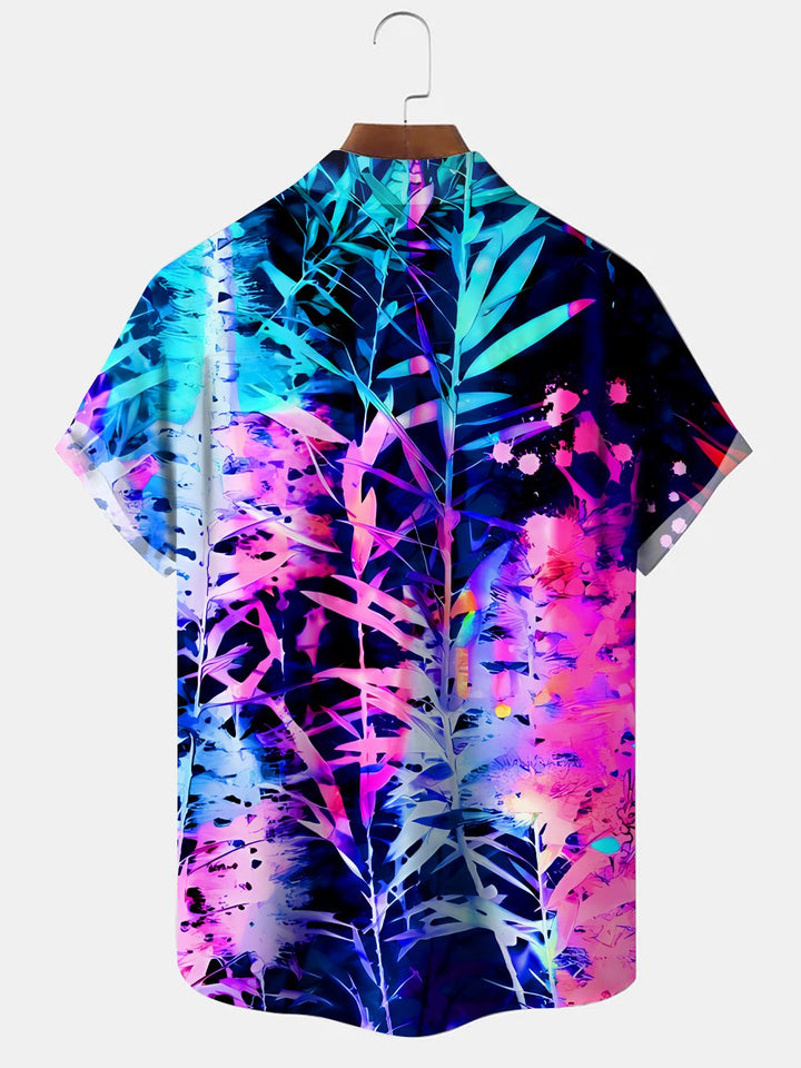 Alohadaddy Plant Gradient Leaves Button Pocket Casual Short Sleeve Shirt