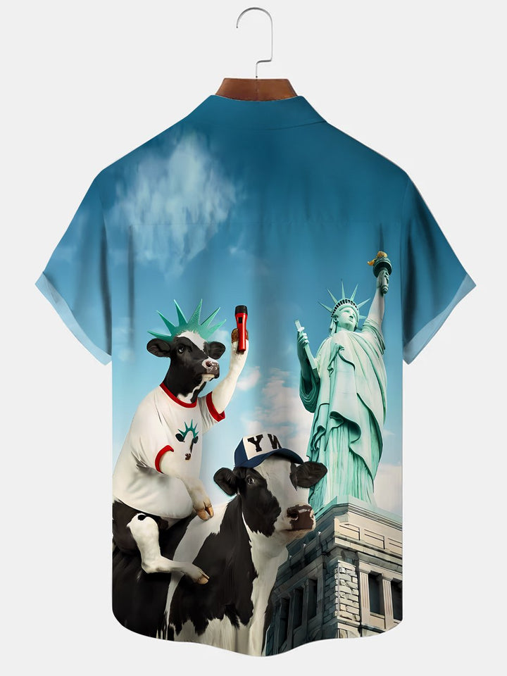 Alohadaddy Gradient Animal Statue of Liberty Button Pocket Casual Short Sleeve Shirt