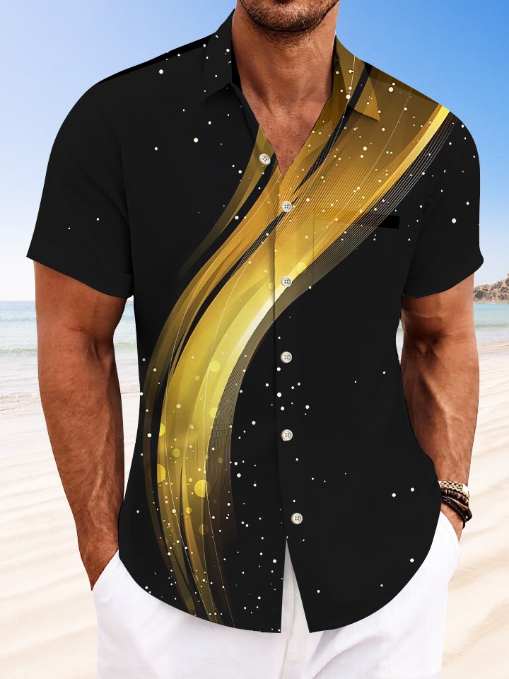 Alohadaddy Geometric Stripes Button Pocket Casual Short Sleeve Shirt