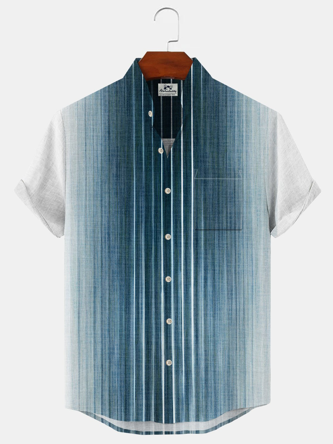 Alohadaddy Gradient Geometric Stripes Button Pocket Casual Short Sleeve Stand Collar Shirt