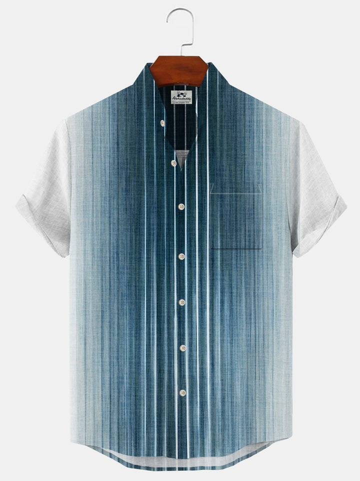 Alohadaddy Gradient Geometric Stripes Button Pocket Casual Short Sleeve Stand Collar Shirt