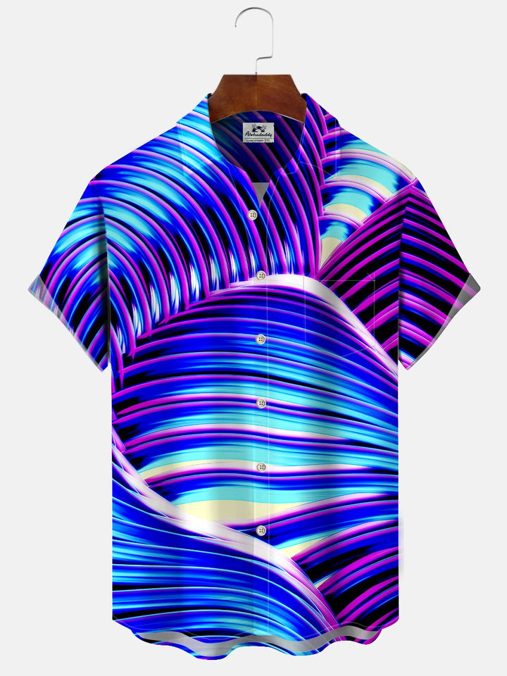 Alohadaddy Geometric Stripe Button Pocket Casual Short Sleeve Shirt