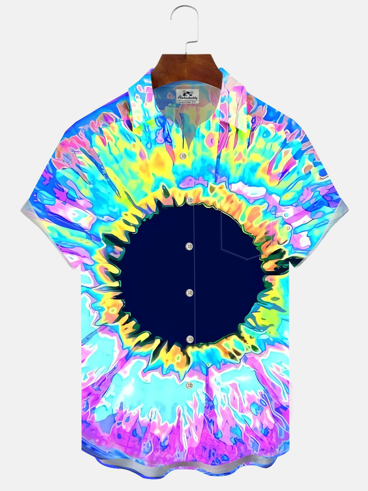 Alohadaddy Geometric Gradient Button Pocket Casual Short Sleeve Shirt