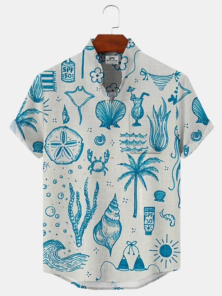 Alohadaddy Coconut Tree Button Pocket Casual Short Sleeve Stand Collar Shirt