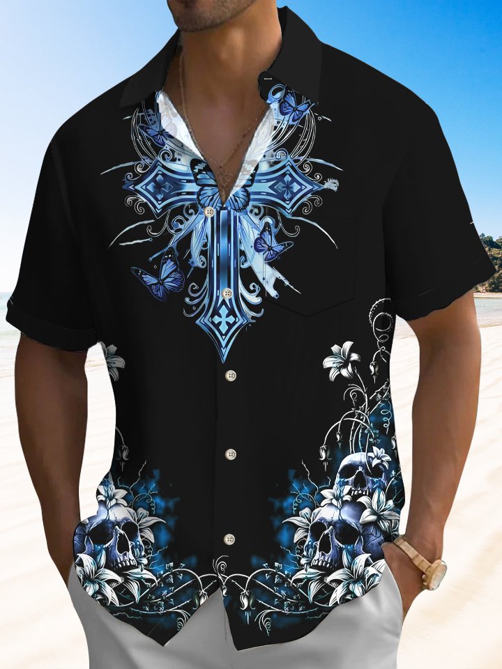 Alohadaddy Skull Button Pocket Casual Short Sleeve Shirt