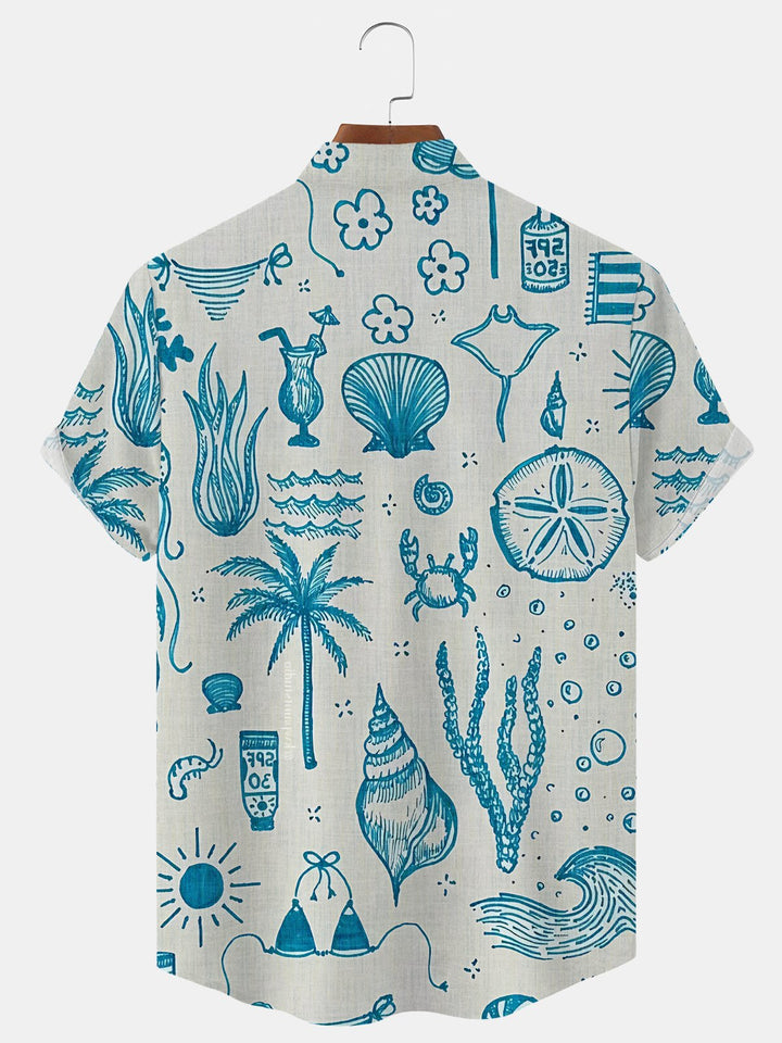 Alohadaddy Coconut Tree Button Pocket Casual Short Sleeve Stand Collar Shirt