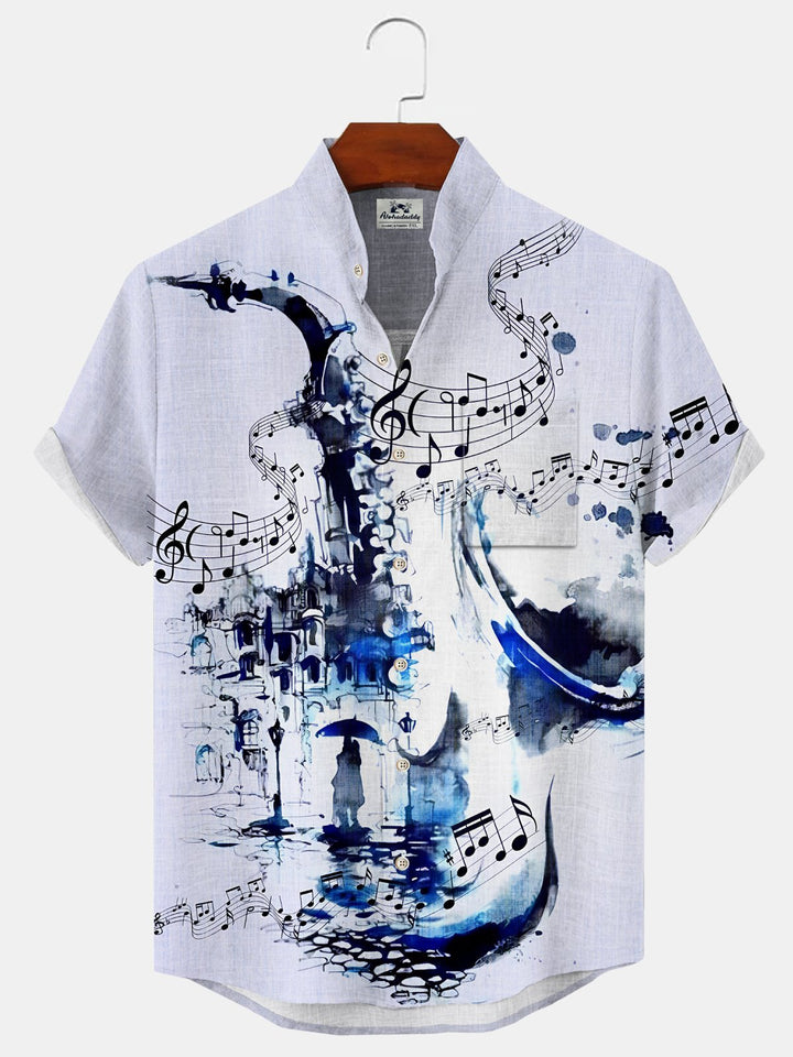 Alohadaddy Music Jazz Button Pocket Casual Short Sleeve Stand Collar Shirt