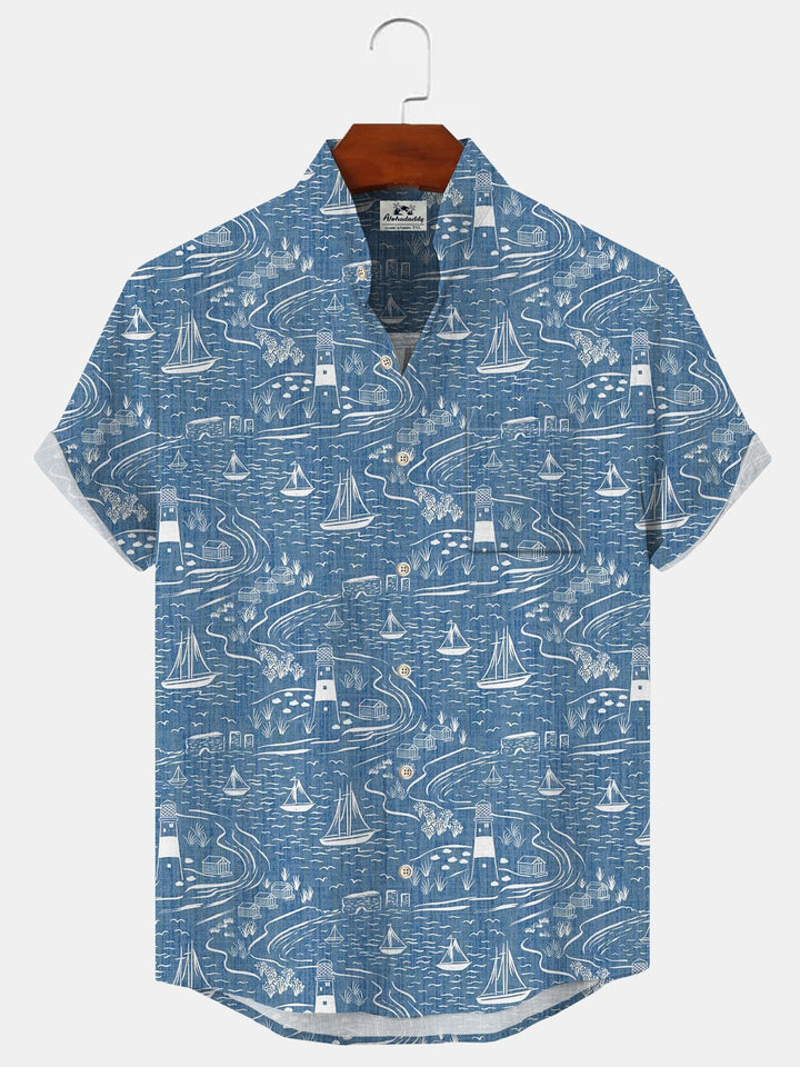 Alohadaddy Coconut Ocean Sailboat Button Pocket Casual Short Sleeve Stand Collar Shirt