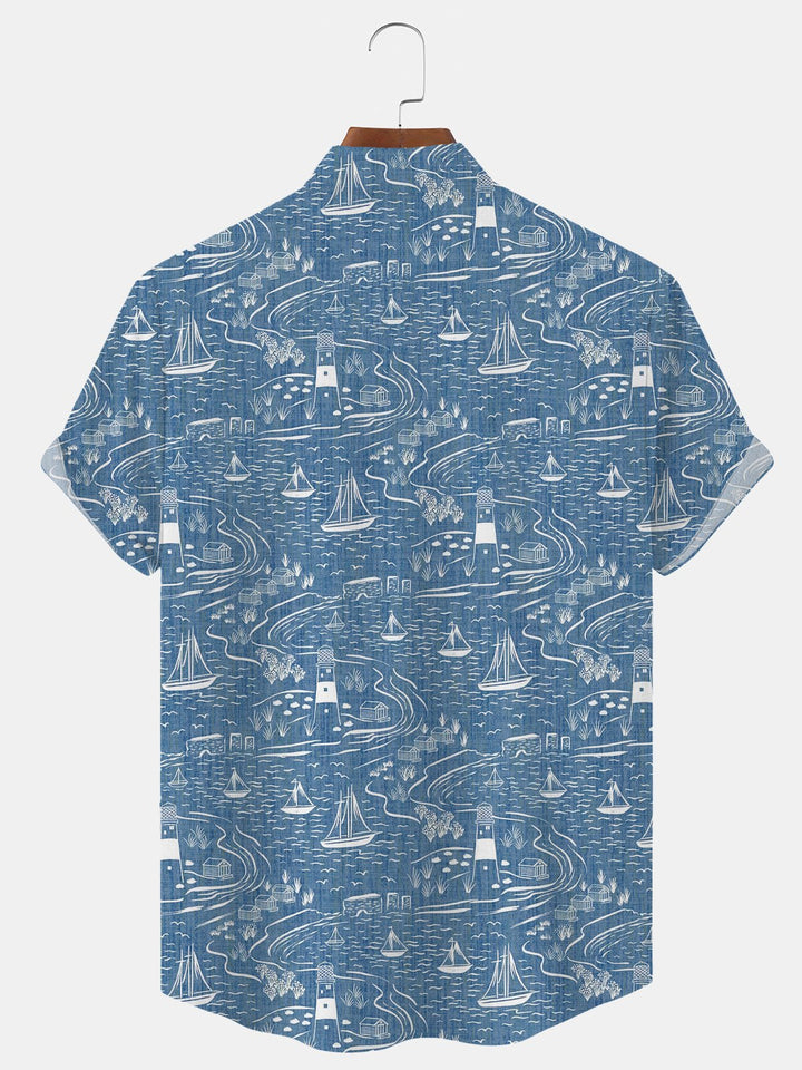 Alohadaddy Coconut Ocean Sailboat Button Pocket Casual Short Sleeve Stand Collar Shirt