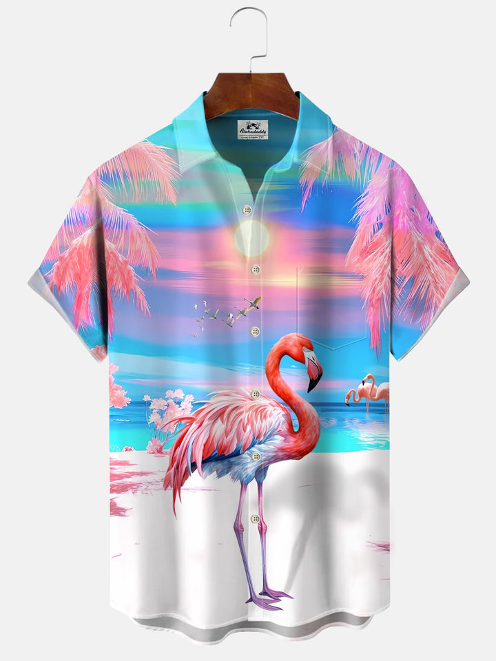 Alohadaddy Beach Flamingo Button Pocket Casual Short Sleeve Shirt