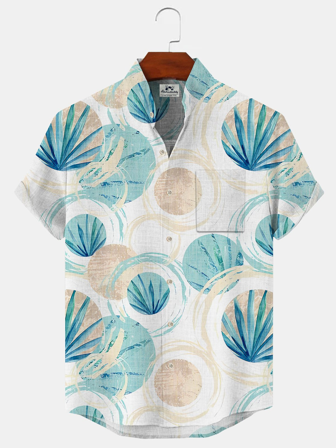 Alohadaddy Geometric Leaf Button Pocket Casual Short Sleeve Stand Collar Shirt