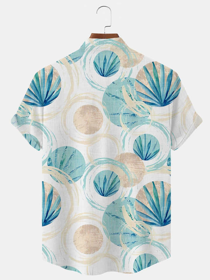 Alohadaddy Geometric Leaf Button Pocket Casual Short Sleeve Stand Collar Shirt