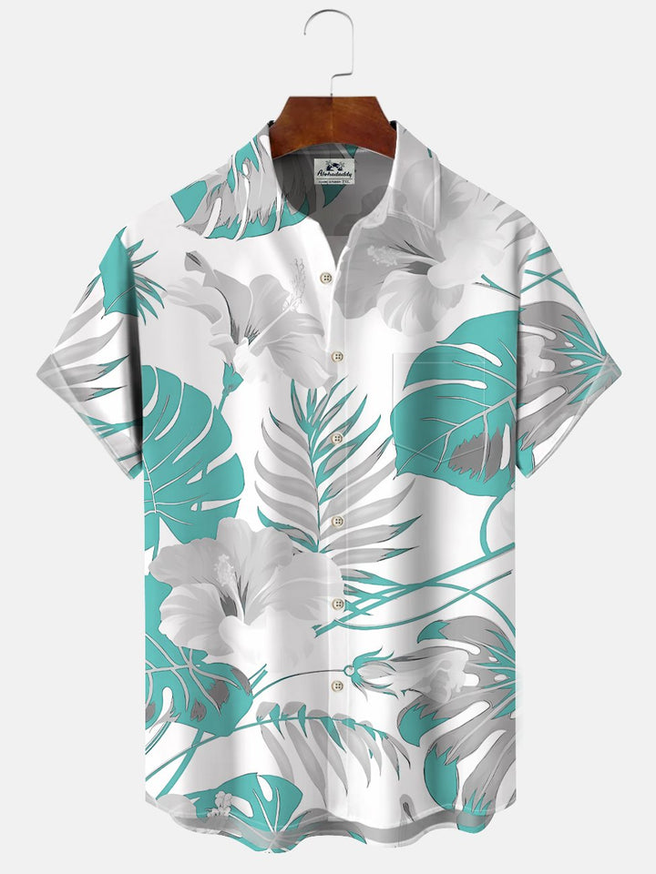 Alohadaddy Plant Leaves Button Pocket Casual Short Sleeve Shirt