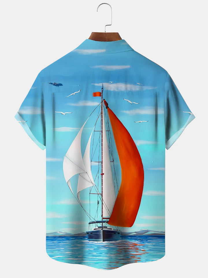 Alohadaddy Beach Sailboat Button Pocket Casual Short Sleeve Shirt