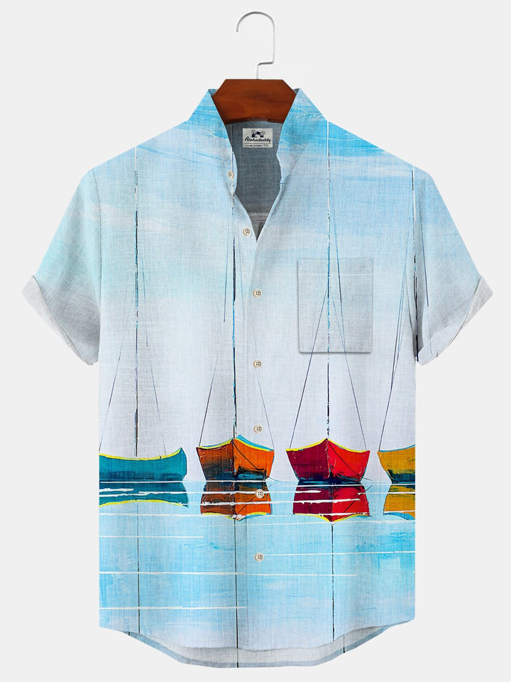 Alohadaddy Beach Sailboat Button Pocket Casual Short Sleeve Stand Collar Shirt