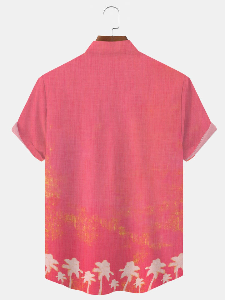 Alohadaddy Coconut Tree Button Pocket Casual Short Sleeve Stand Collar Shirt