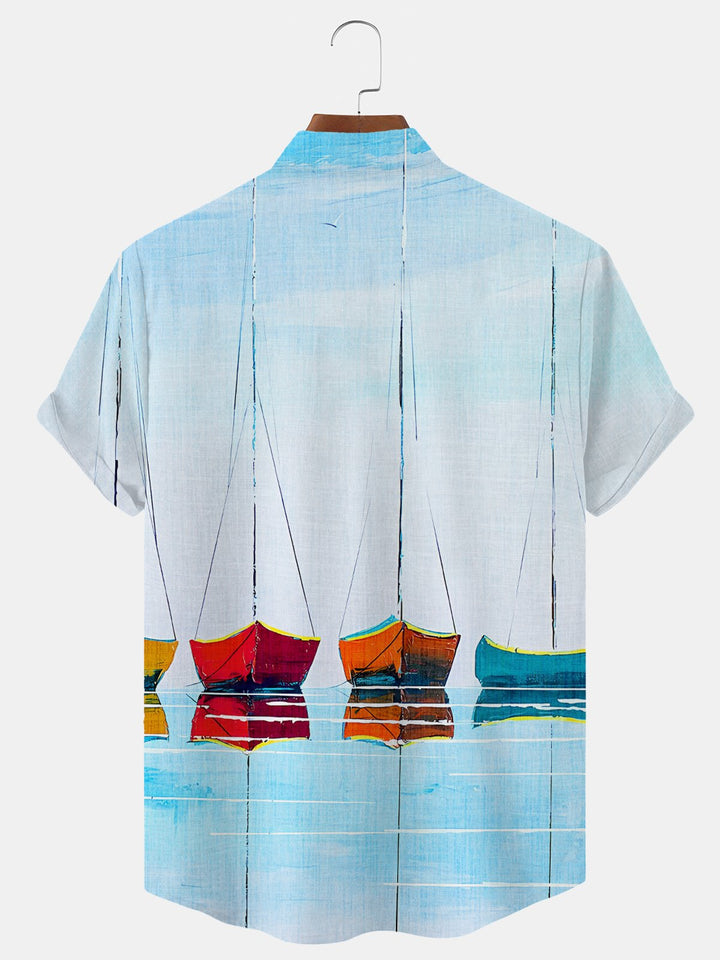 Alohadaddy Beach Sailboat Button Pocket Casual Short Sleeve Stand Collar Shirt