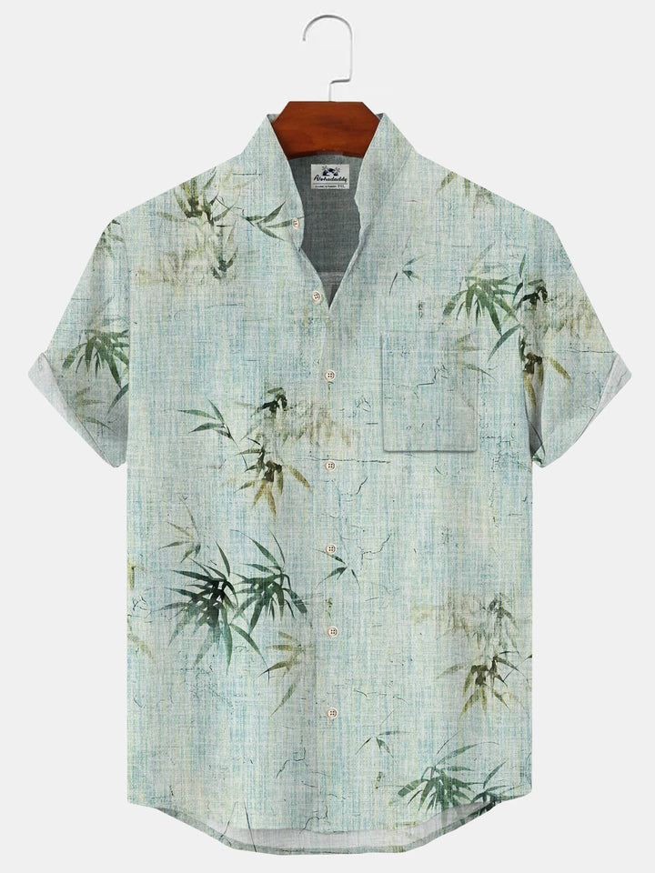 Alohadaddy Plant Flower Button Pocket Casual Short Sleeve Stand Collar Shirt