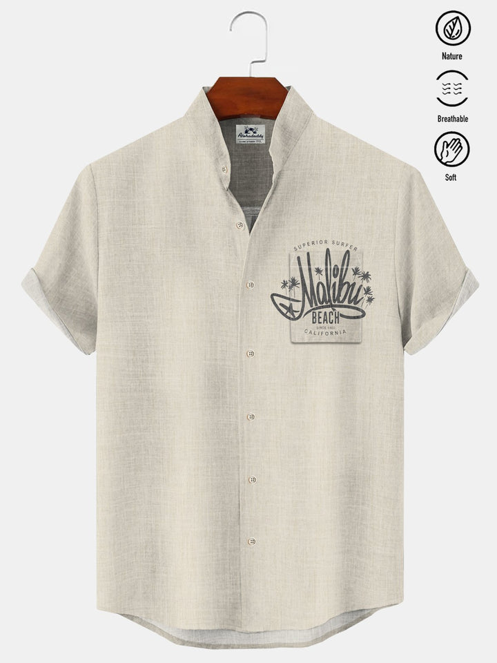 Alohadaddy Coconut Tree Pocket Casual Short Sleeve Stand Collar Shirt