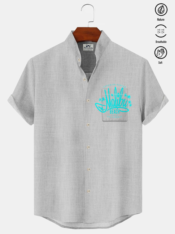 Alohadaddy Coconut Tree Pocket Casual Short Sleeve Stand Collar Shirt