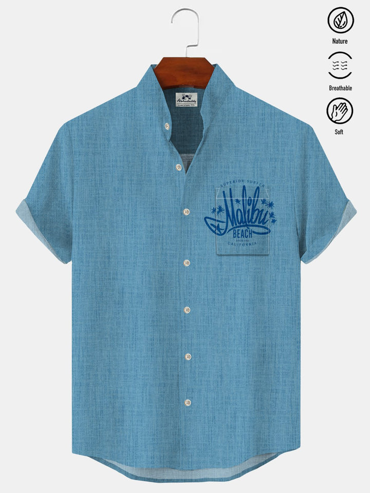 Alohadaddy Coconut Tree Pocket Casual Short Sleeve Stand Collar Shirt