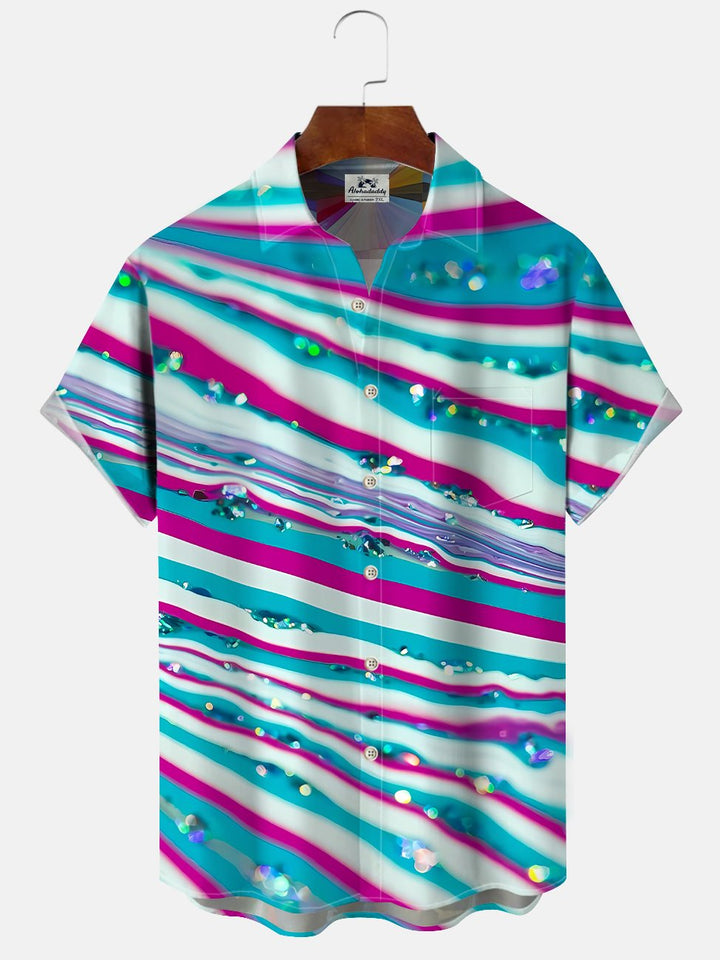 Alohadaddy Stripe Gradient Button Pocket Casual Short Sleeve Shirt