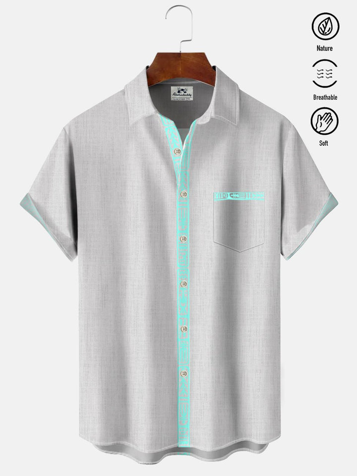 Alohadaddy Geometric Contrast Button Pocket Casual Short Sleeve Shirt