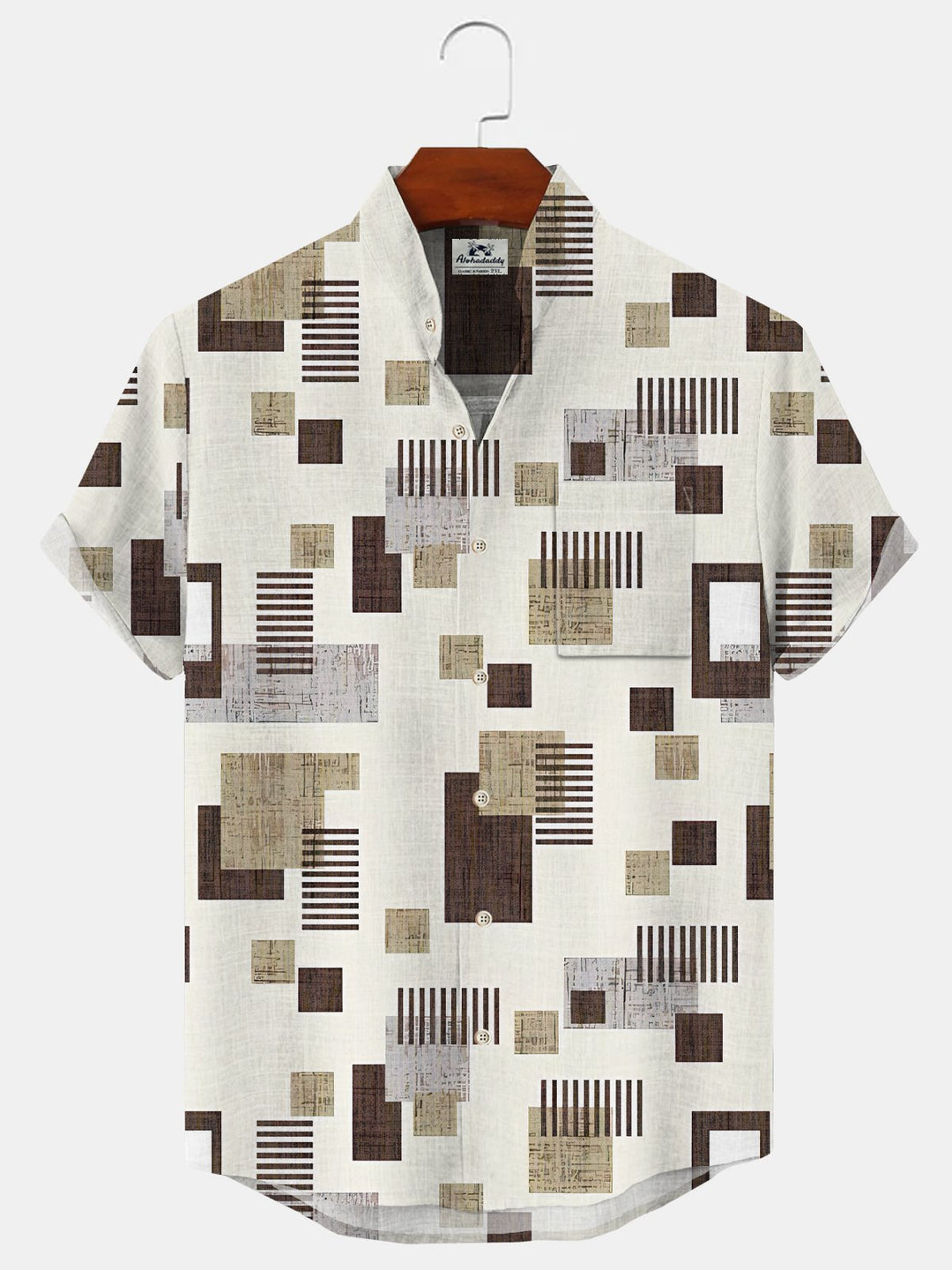 Alohadaddy Geometric Button Pocket Casual Short Sleeve Stand Collar Shirt