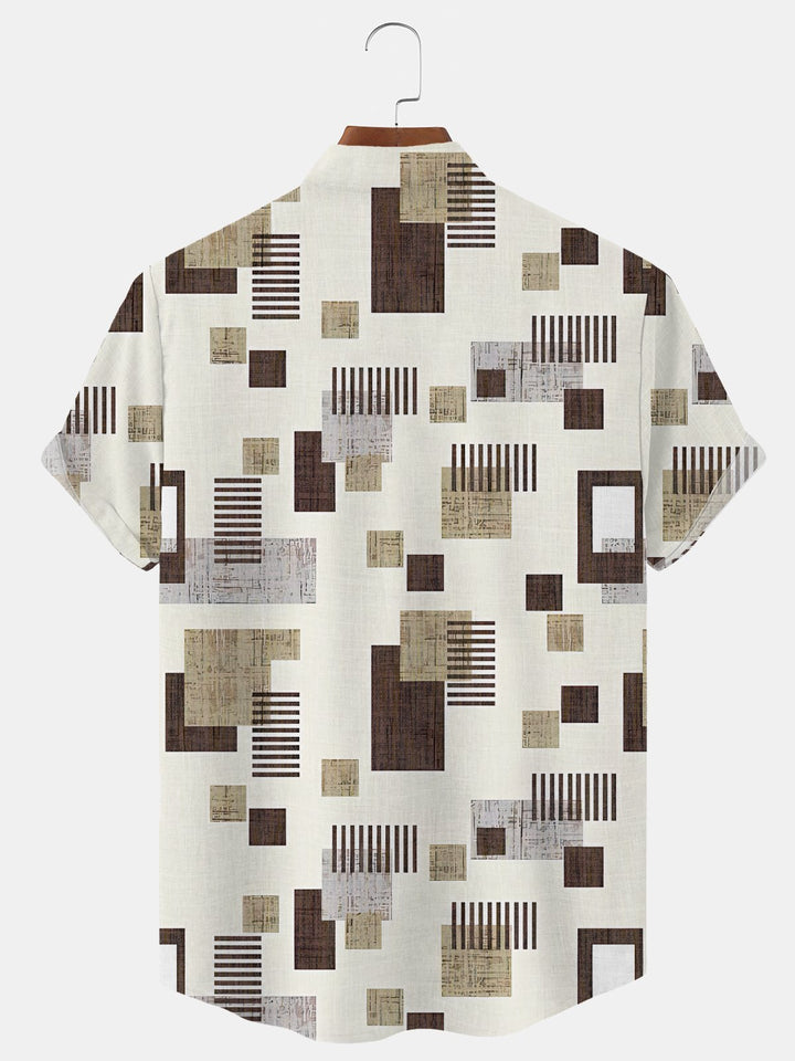 Alohadaddy Geometric Button Pocket Casual Short Sleeve Stand Collar Shirt