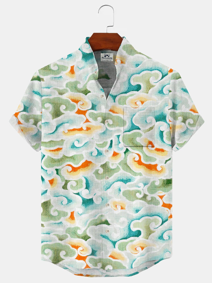 Alohadaddy Sky Geometric Cloud Button Pocket Casual Short Sleeve Stand Collar Shirt