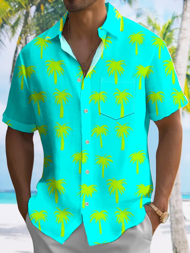 Alohadaddy Coconut Tree Fluorescent Button Pocket Casual Short Sleeve Shirt