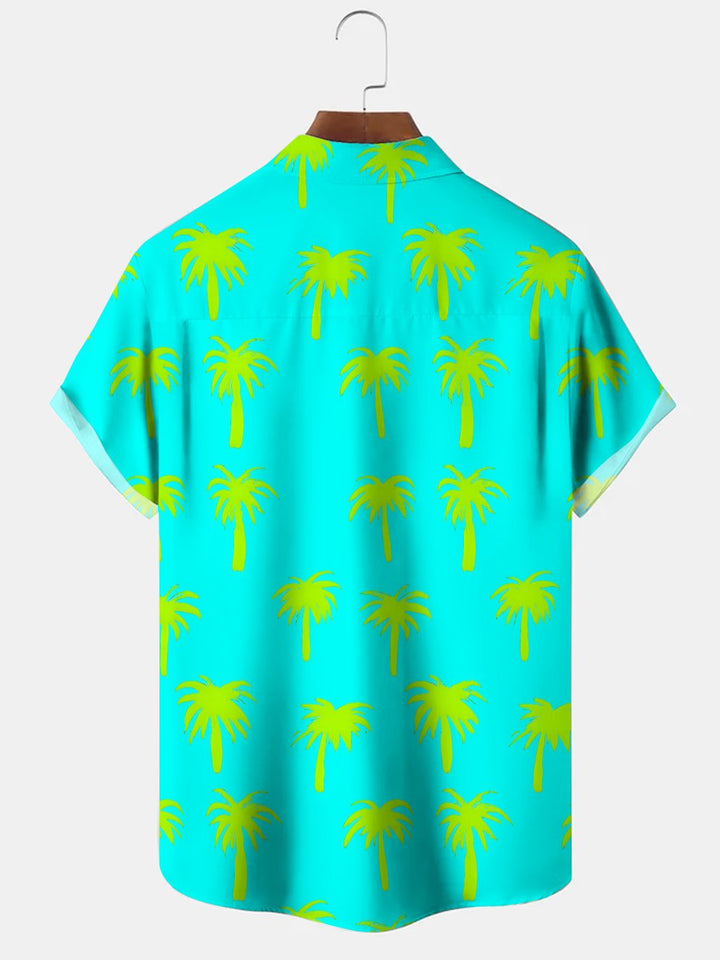 Alohadaddy Coconut Tree Fluorescent Button Pocket Casual Short Sleeve Shirt