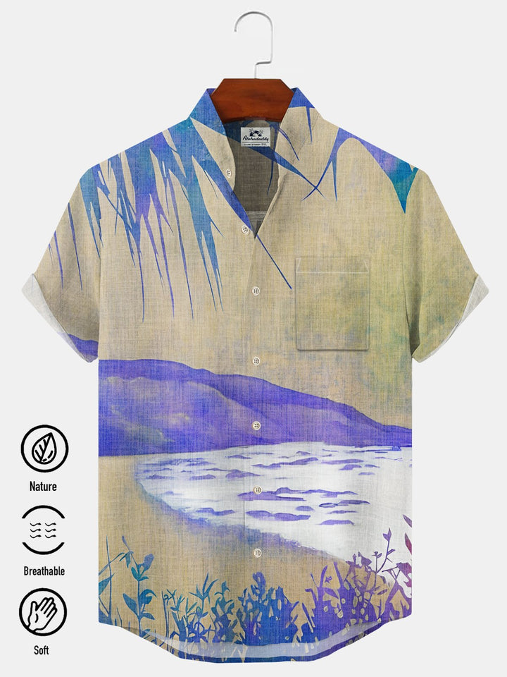 Alohadaddy Plant Coconut Tree Button Pocket Casual Short Sleeve Stand Collar Shirt