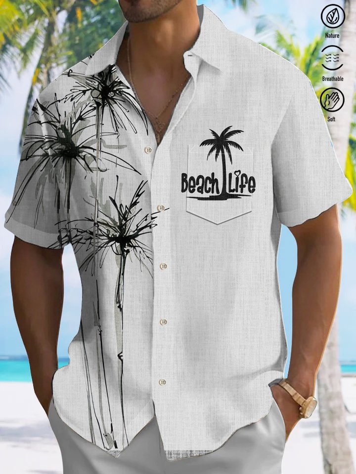 Alohadaddy Coconut Tree Button Pocket Casual Short Sleeve Shirt