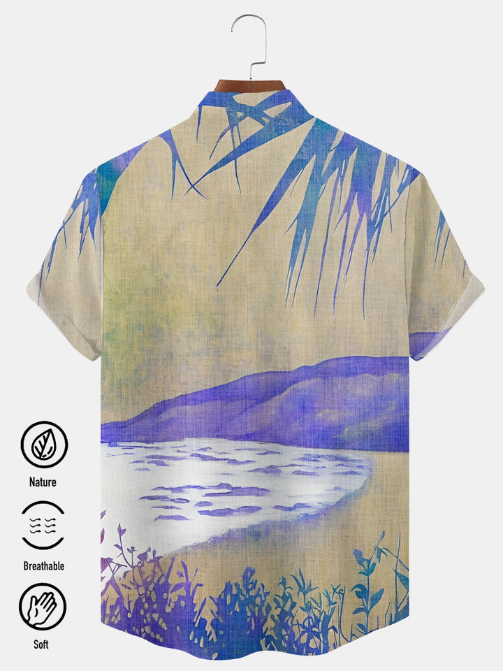 Alohadaddy Plant Coconut Tree Button Pocket Casual Short Sleeve Stand Collar Shirt