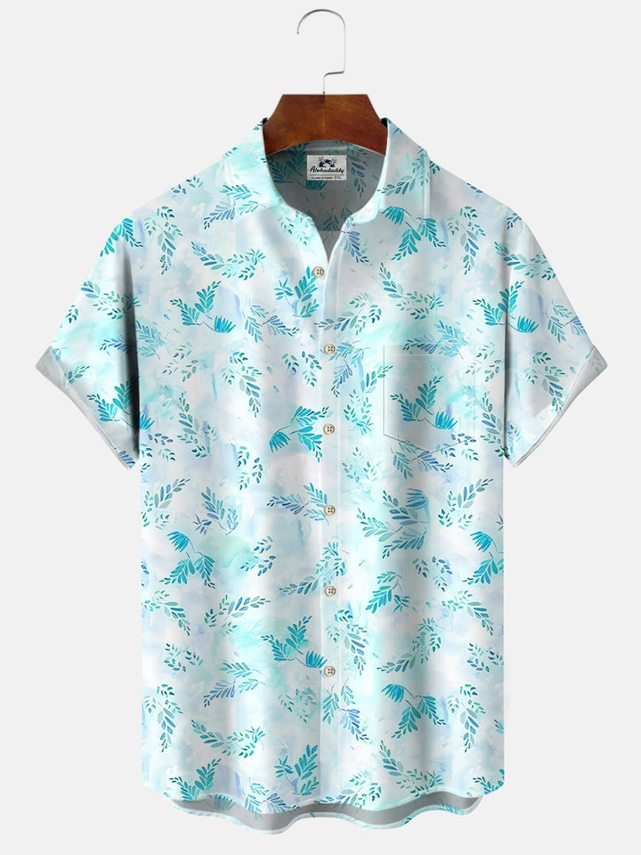 Alohadaddy Plant Leaves Button Pocket Casual Short Sleeve Shirt