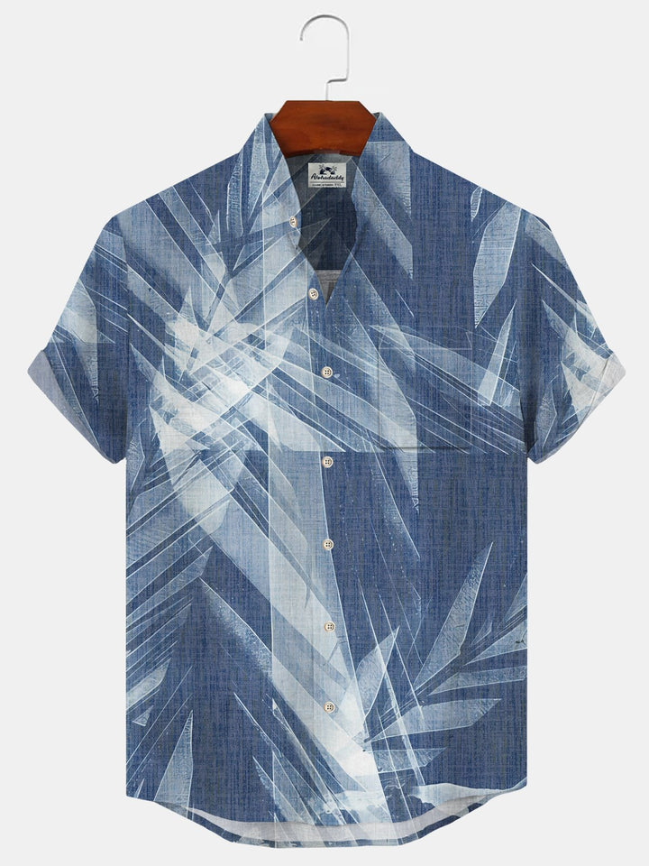 Alohadaddy Plant Leaves Button Pocket Casual Short Sleeve Stand Collar Shirt