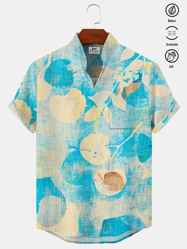 Alohadaddy Plant Leaves Button Pocket Casual Short Sleeve Stand Collar Shirt