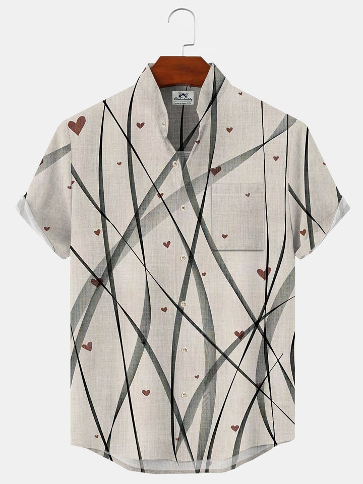 Alohadaddy Geometric Stripes Button Pocket Casual Short Sleeve Stand Collar Shirt
