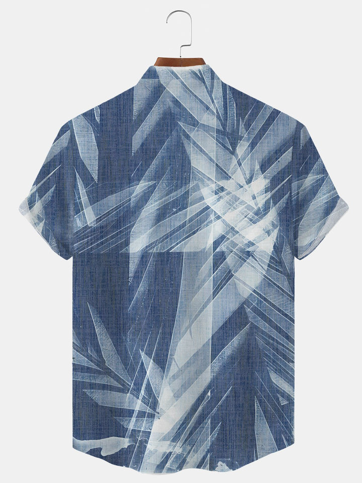Alohadaddy Plant Leaves Button Pocket Casual Short Sleeve Stand Collar Shirt