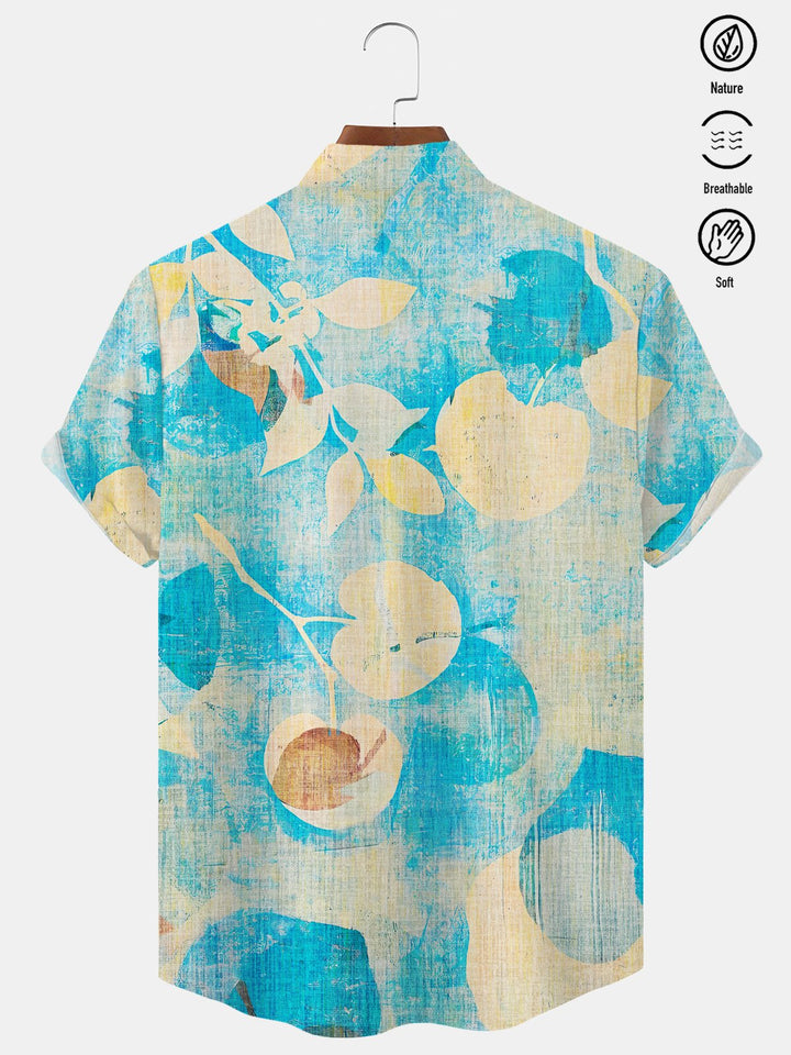 Alohadaddy Plant Leaves Button Pocket Casual Short Sleeve Stand Collar Shirt