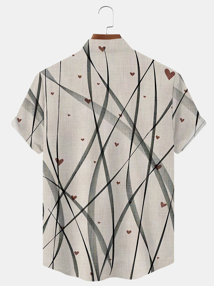 Alohadaddy Geometric Stripes Button Pocket Casual Short Sleeve Stand Collar Shirt