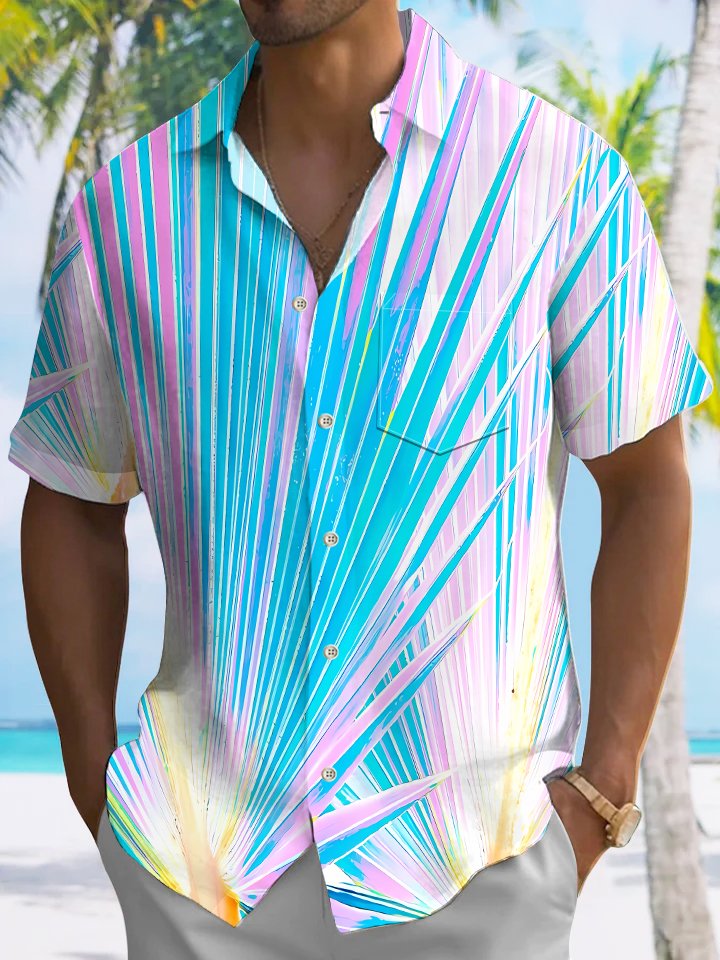 Alohadaddy Gradient Coconut Tree Button Pocket Casual Short Sleeve Shirt