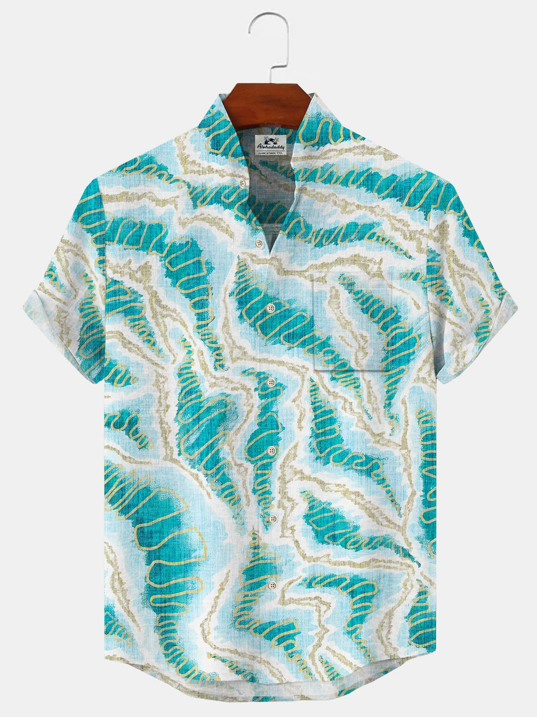 Alohadaddy Geometric Button Pocket Casual Short Sleeve Stand Collar Shirt