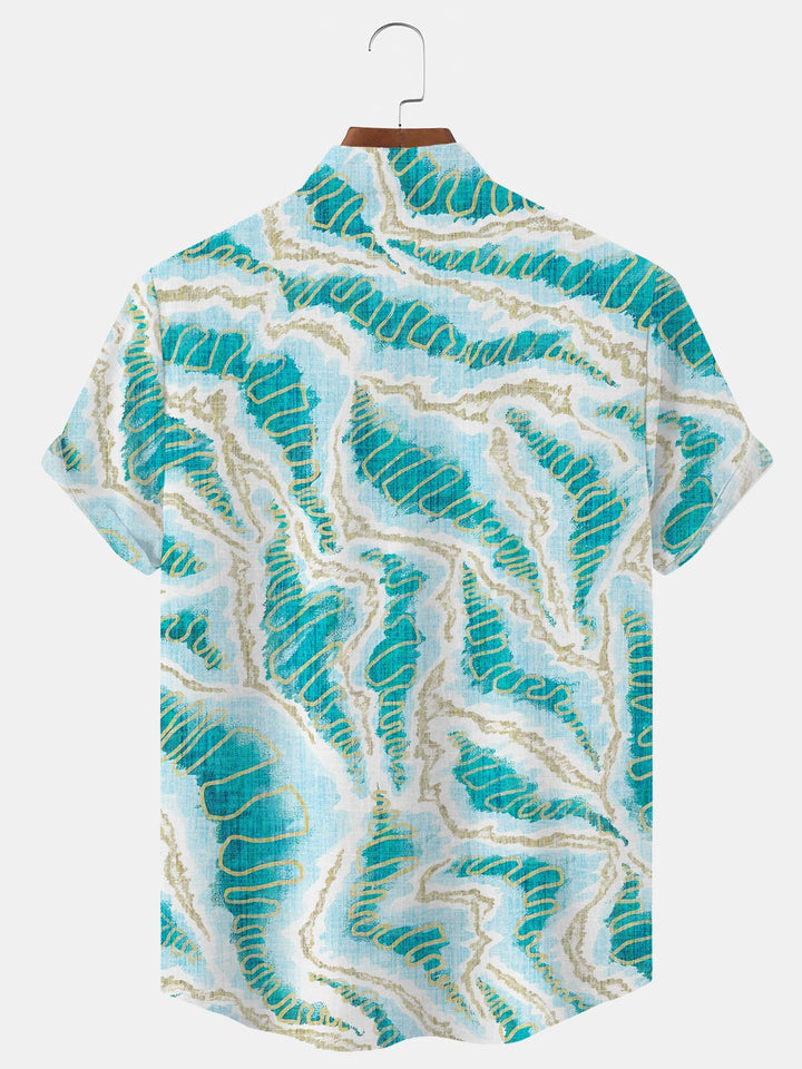 Alohadaddy Geometric Button Pocket Casual Short Sleeve Stand Collar Shirt