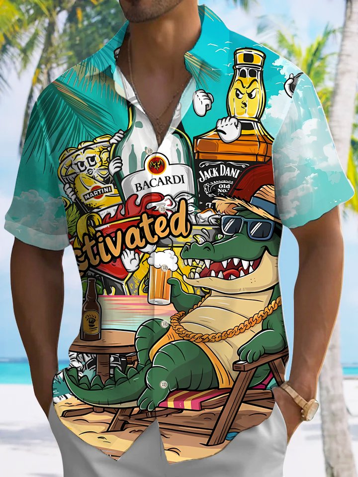 Alohadaddy Alligator Beach Beer Festival Button Pocket Casual Short Sleeve Shirt