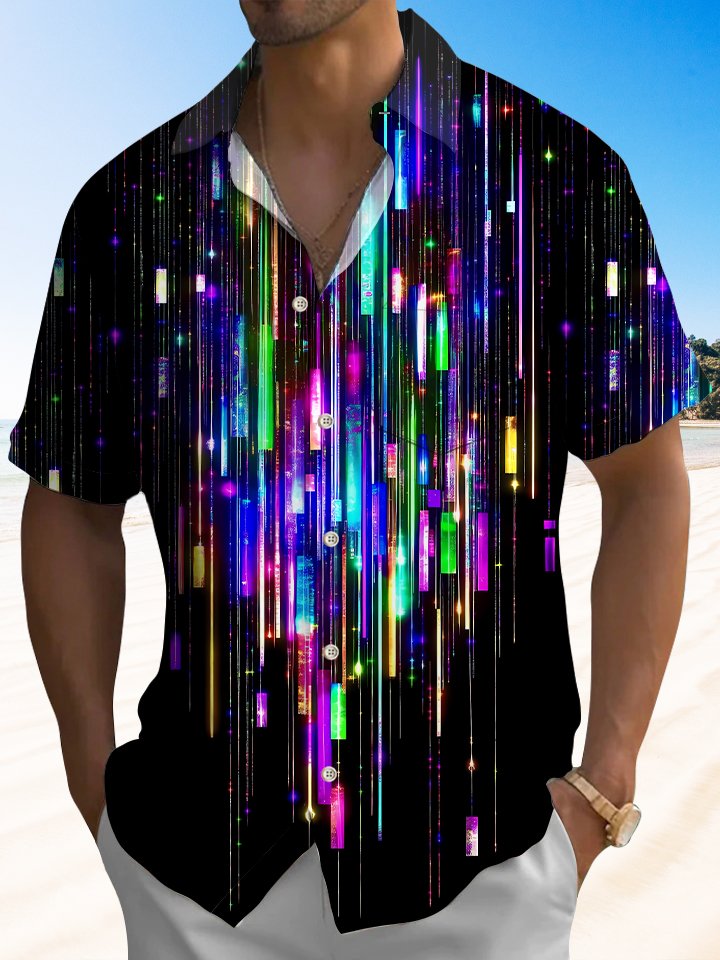 Alohadaddy Geometric Stripes Button Pocket Casual Short Sleeve Shirt