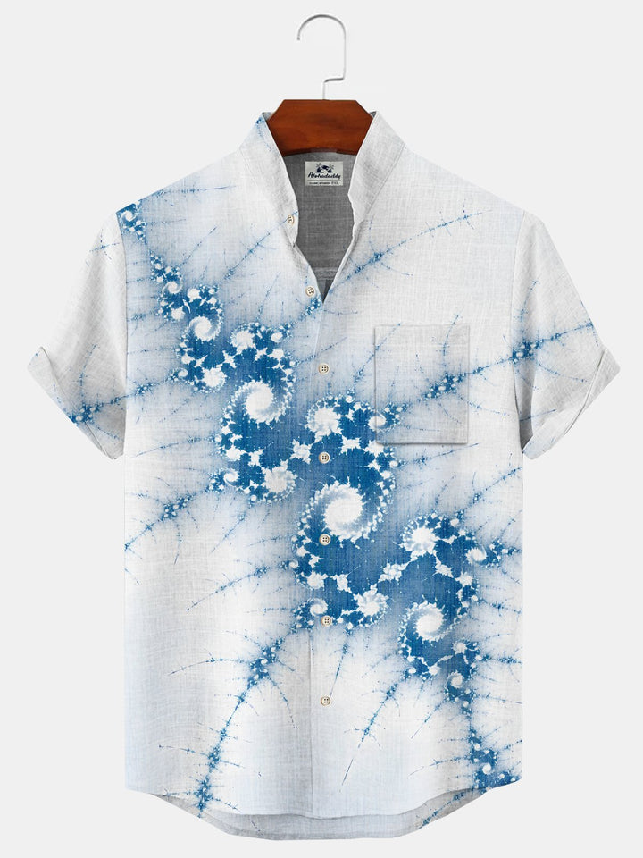 Alohadaddy Geometric Button Pocket Casual Short Sleeve Stand Collar Shirt