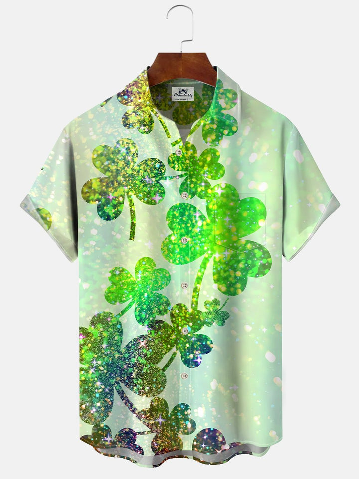 Alohadaddy Plant Four Leaf Clover Button Pocket Casual Short Sleeve Shirt